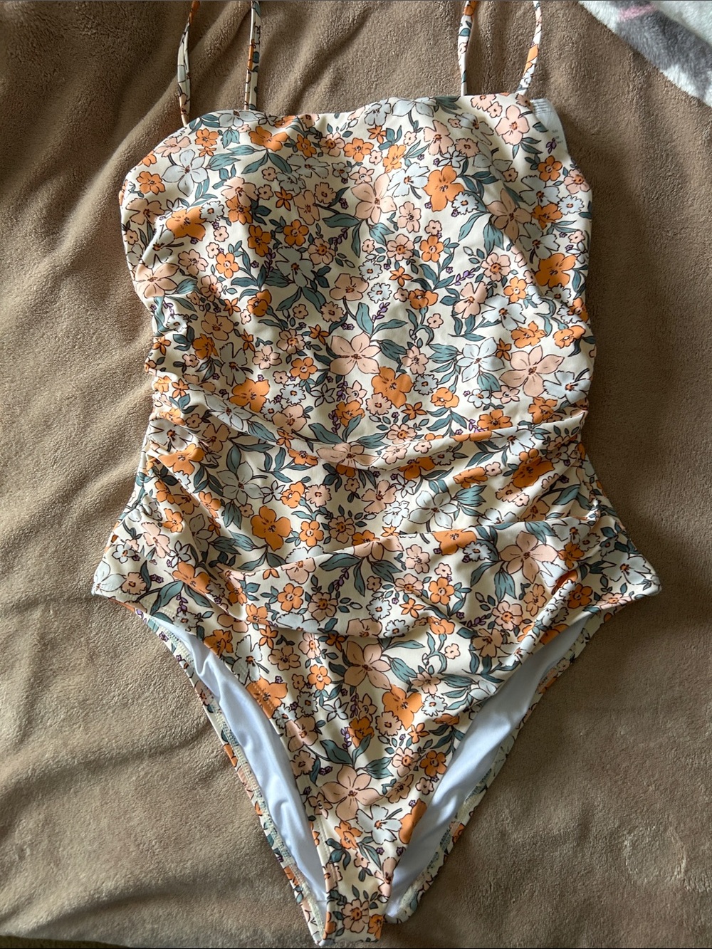 Floral One-Piece Swimsuit in Cream with Orange & Green